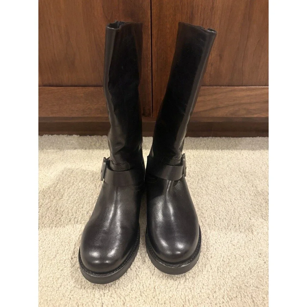 Free People Black Leather Moto Boots with Buckle Detail